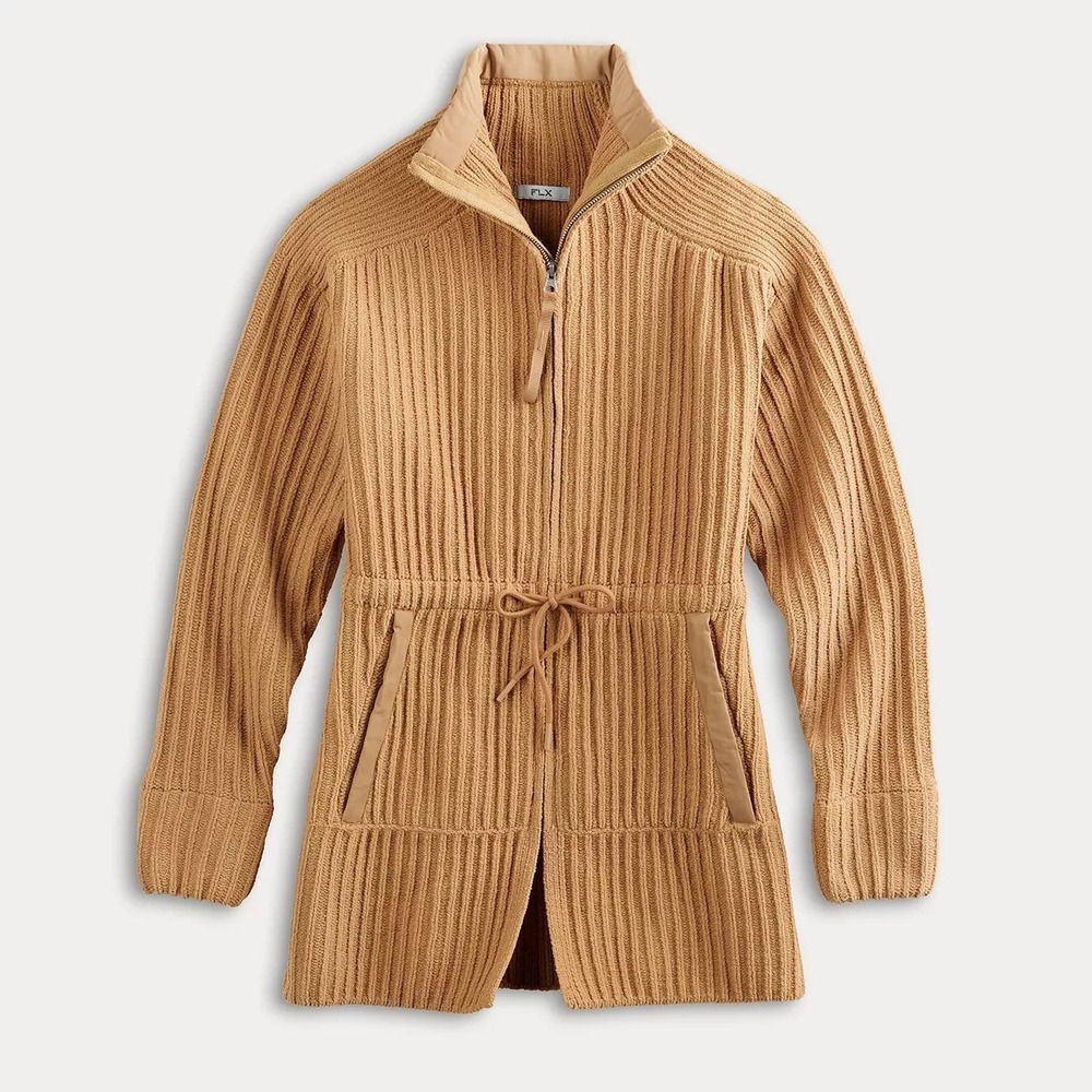 FLX Textured Knit Full Zip Cardigan Drawstring Waist Brown Womens Medium